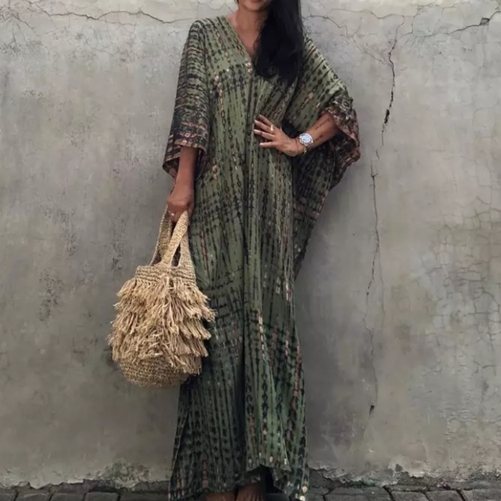 SOLD OUT Olive Gray Boho Tie Dye Kaftan Kimono Dress - Picture 1 of 5